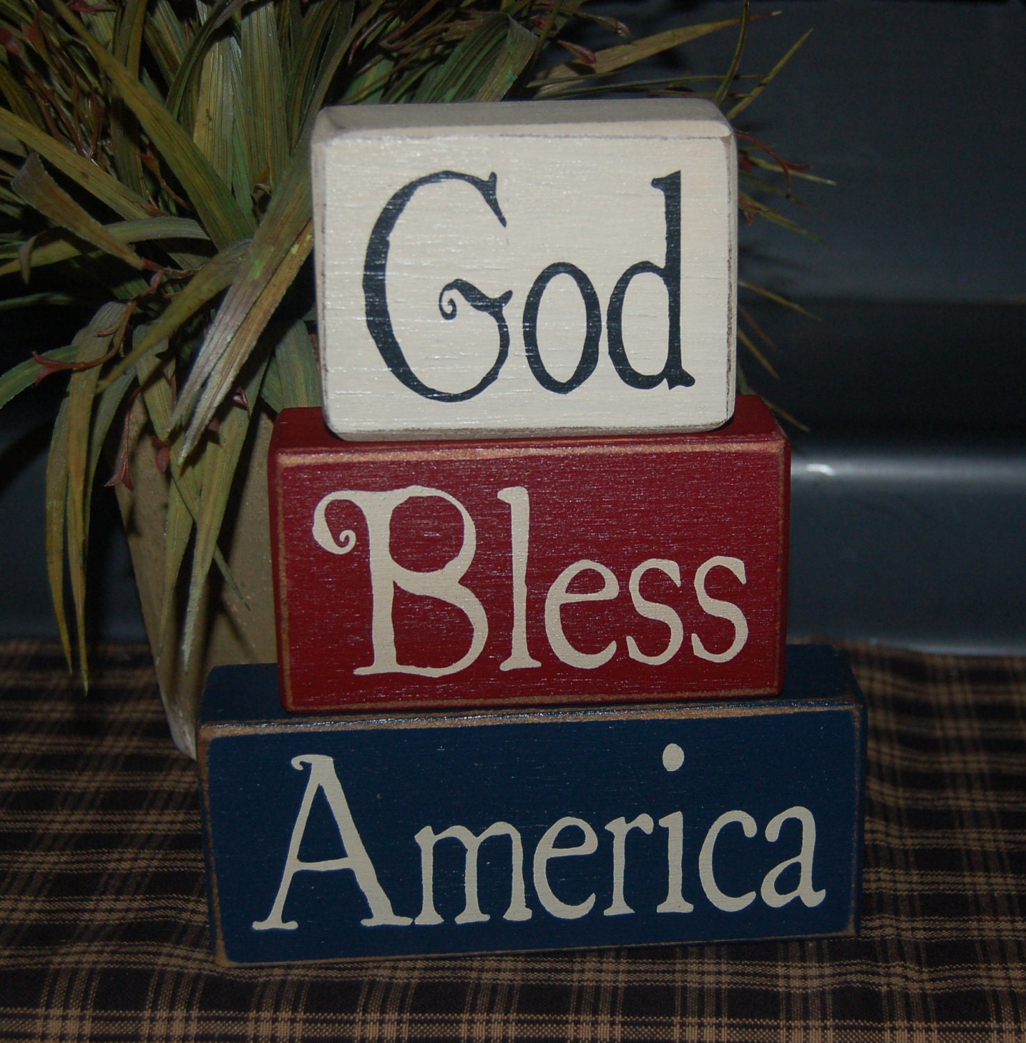 God Bless America Americana Patriotic Seasonal Holiday Summer Decor  Wood Sign Shelf Sitter  Blocks Primitive Country Rustic Home Decor Gift