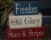 God Bless America Freedom Old Glory Stars & Stripes Americana Decor Summer Wood Sign Shelf Blocks Primitive Country Rustic Home Decor Gift