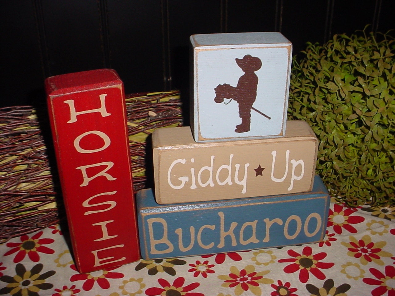 Horsie Giddy-Up Buckaroo COWBOYS Cowgirls Wood Sign Blocks Primitive Country Rustic Boys Kids Decor