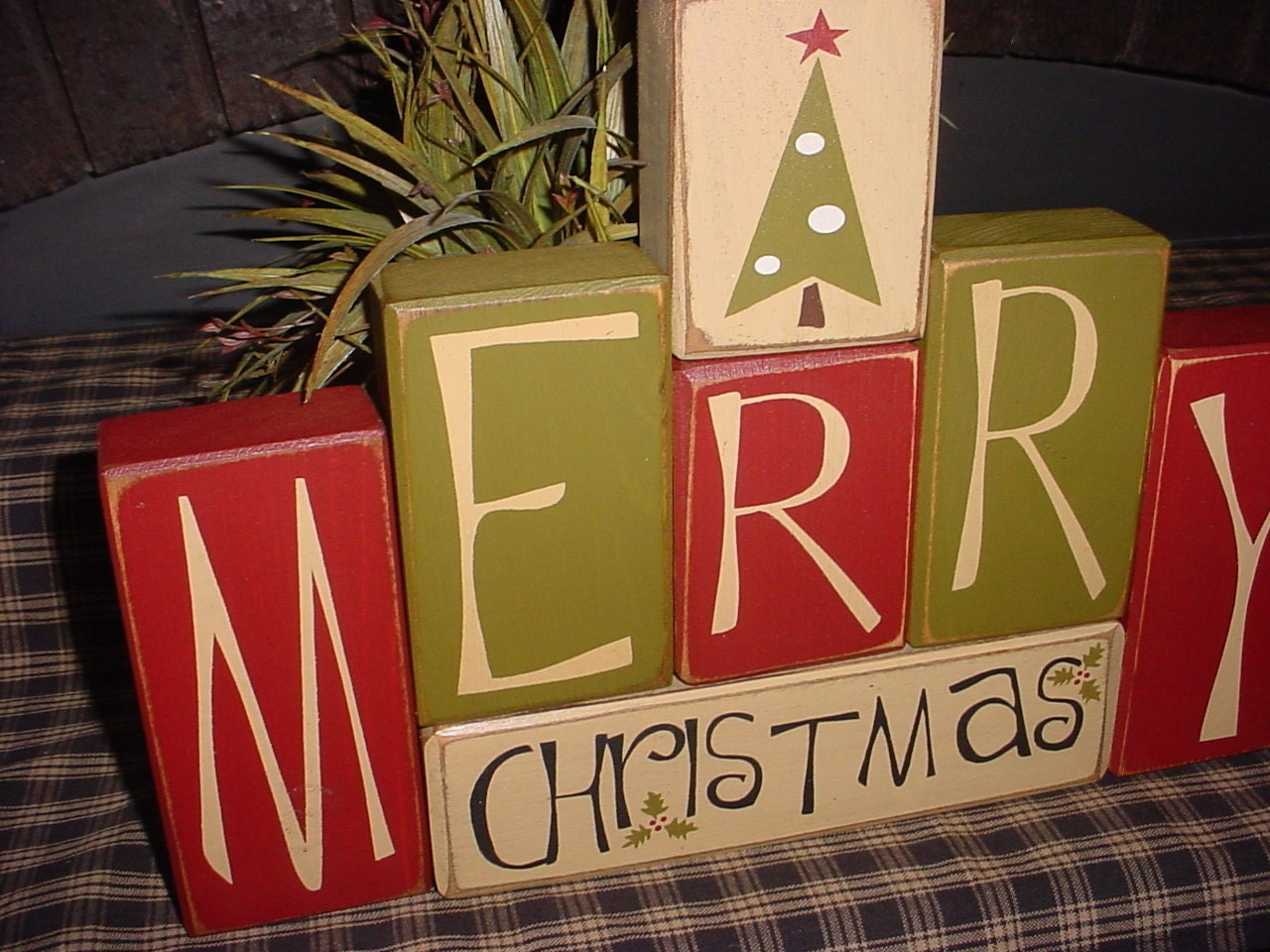 MERRY CHRISTMAS Santa Tree Wood Sign Shelf Blocks Primitive Country Rustic Holiday Seasonal Home Decor Gift
