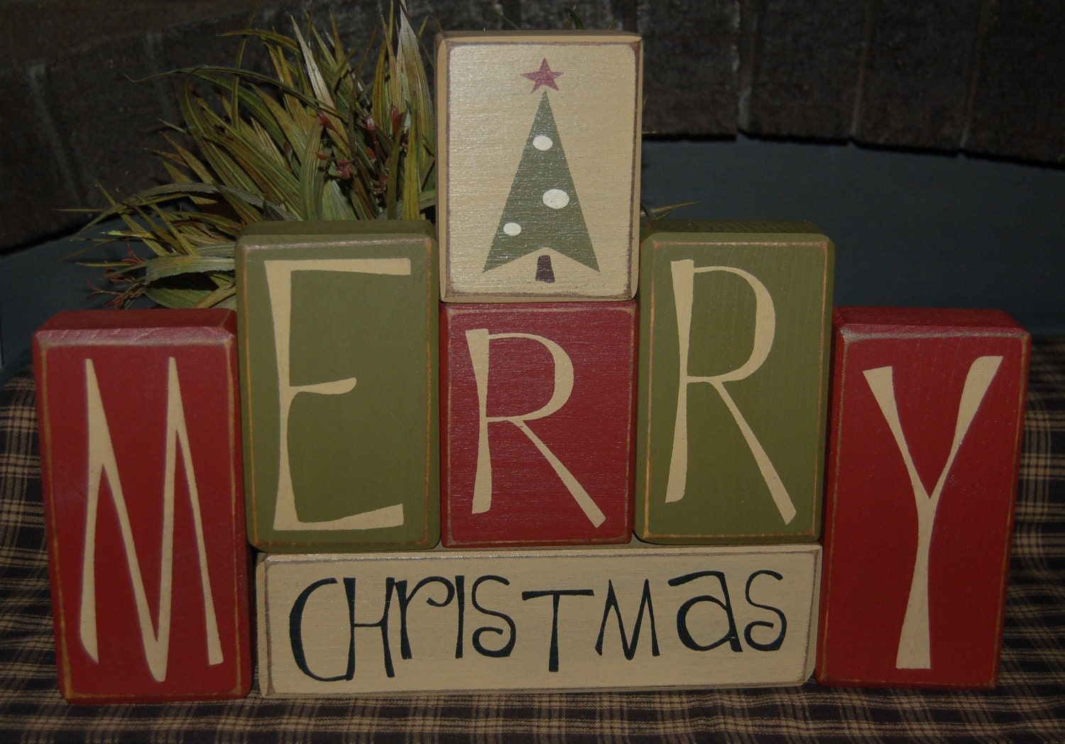 MERRY CHRISTMAS Santa Tree Wood Sign Shelf Blocks Primitive Country Rustic Holiday Seasonal Home Decor Gift