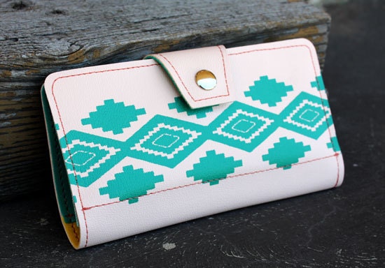 Southwestern Native American Print Womens Wallet Clutch Salmon and Turquoise Print