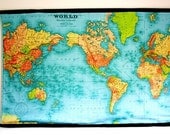 WORLD MAP -huge wall hanging, organic cotton, wall art, world map 57 inches / 145cm long x 36inches/92cms