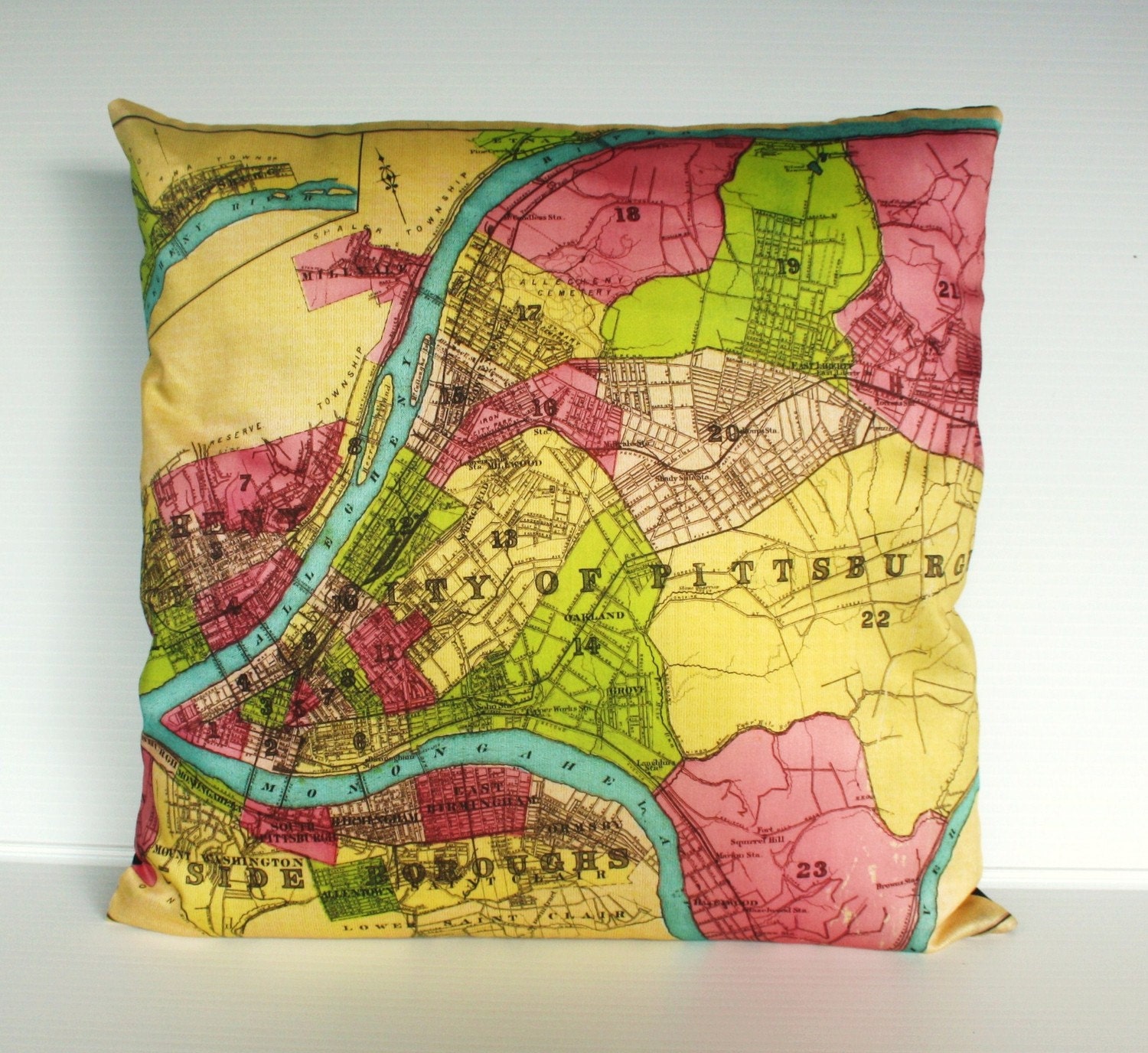 Decorative pillow, Map pillow PITTSBURGH organic cotton map cushion, pillow cover, 16x16 cushion cover, 16inch