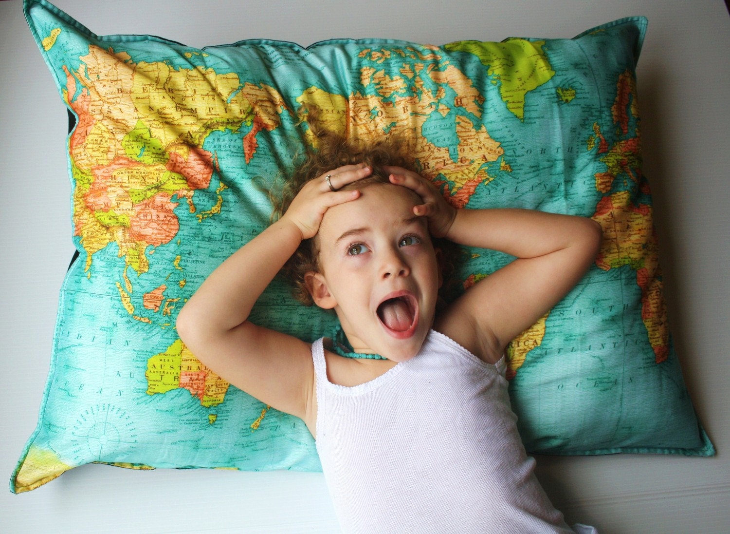 WORLD MAP - giant organic cotton cushion- the whole wide world cushion cover, pillow 86cm/34inches x 61cm/ 24 inches .