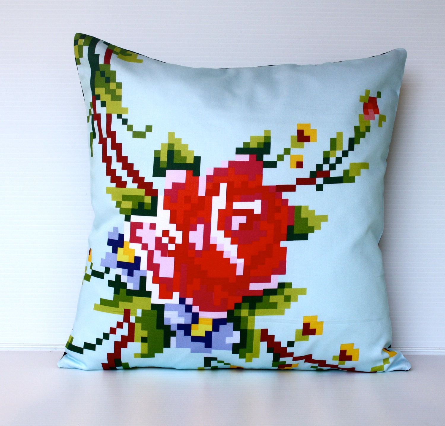 decorative pillow Pixel Rose  on blue eco friendly organic cotton cushion cover, pillow, 16", 41cms