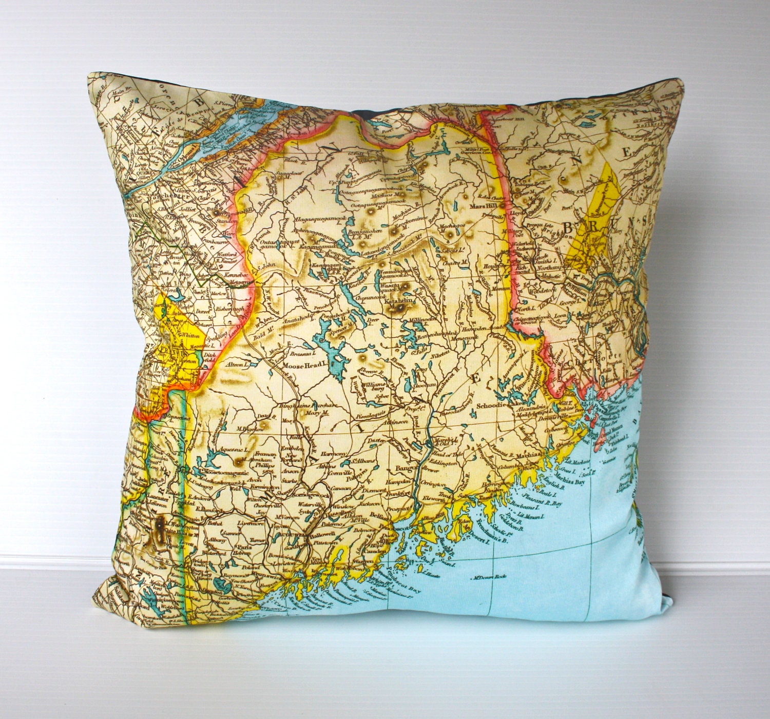 vintage map cushion MAINE STATE vintage map pillow, organic cotton,  cushion cover,  16 inch, 41cm