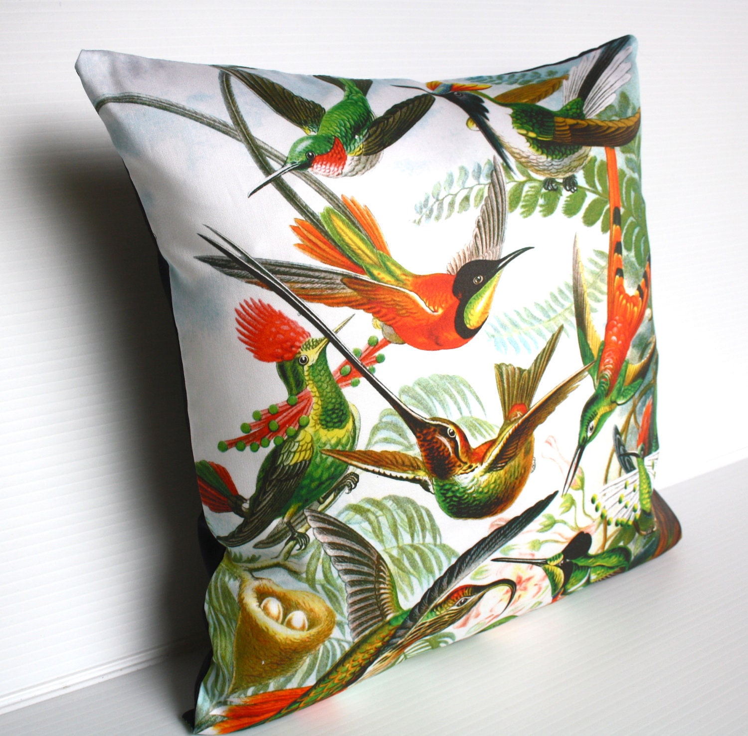 Decorative pillow, throw cushion, bird pillow, HUMMINGBIRDS by Ernst Haeckel Organic cotton,cushion cover, pillow, 16 inch, 41cm