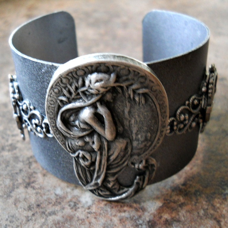 SALE Neo Victorian Alphonse Mucha Antiqued Silver Solid Cuff Bracelet, Exclusive Design