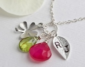Wedding Jewelry. Two Custom Birthstone Necklace with Silver Shamrock. Bridesmaid Jewelry. Personalized Leaf.