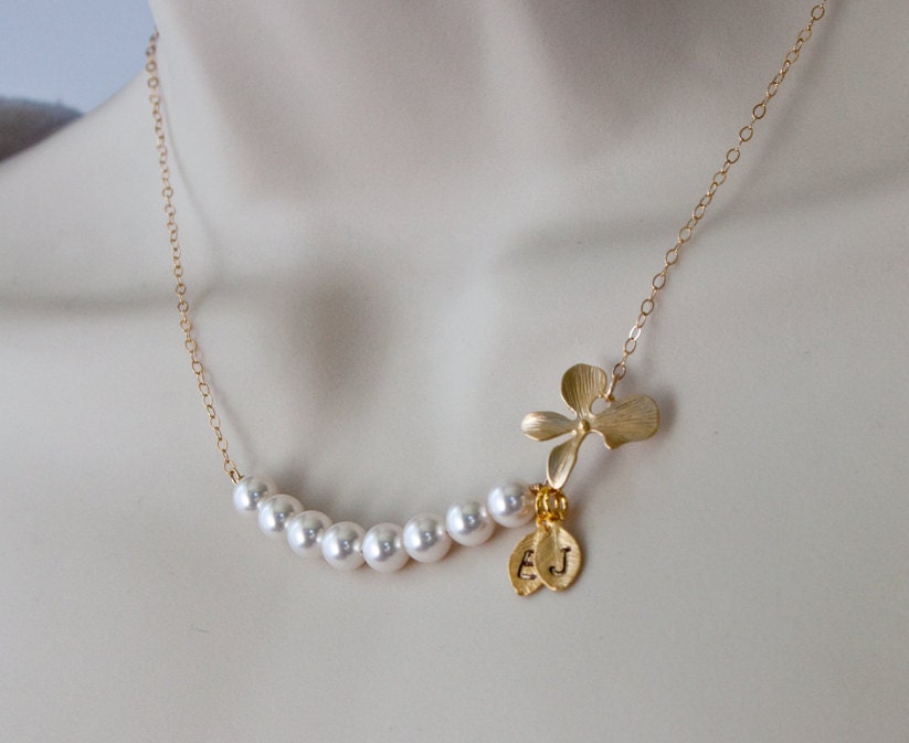 Gold Orchid and Pearl Necklace. Bridal Wedding Jewelry.personalized 2 initial leaves.14K Gold Filled Chain. Anniversary Gift