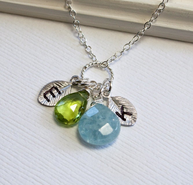 Two Birthstone Necklace. Personalized Jewelry.Wedding Bridal Jewelry.Mother ."Ocean" with 2  Gemstone and 2 initials, Special Gift