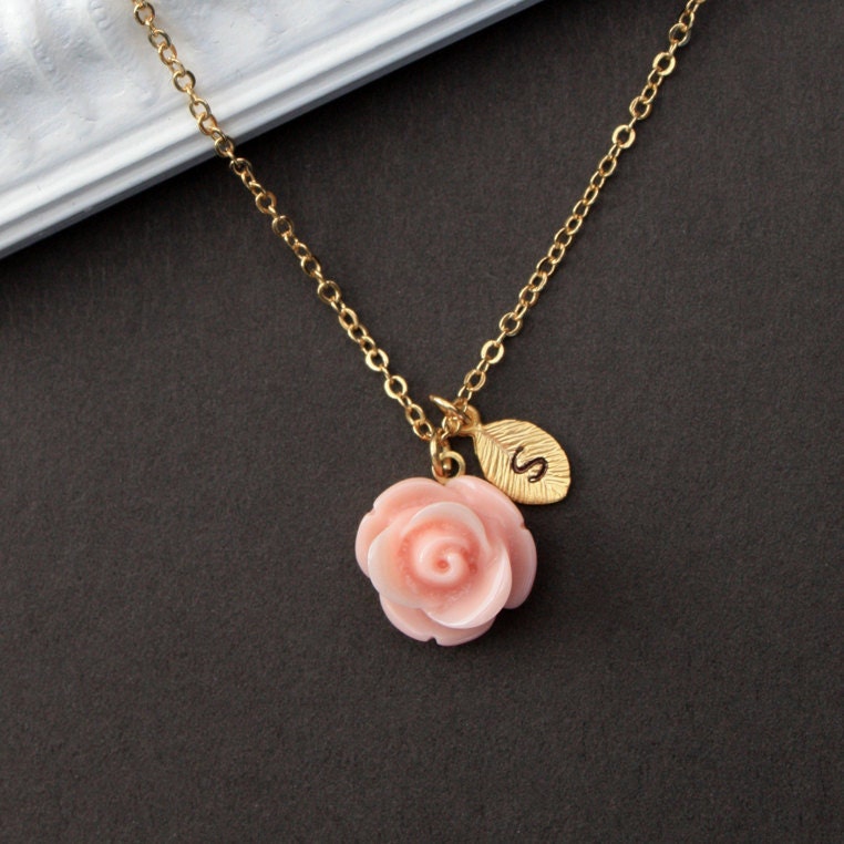 Rose and gold leaf necklace with custom initial  "Sweet Little Rose", Bridesmaids Gift. Birthday, Friendship, Romantic, Gift