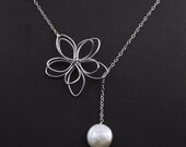 Flower and Pearl Lariat. "Garden Moon" Necklace, White Pearl Lariat, Bridesmaid. Mother's Gift.  friend gift