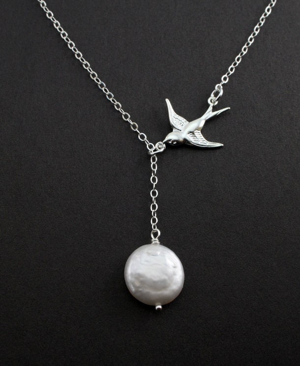 Silver Bird Necklace, White Coin Pearl Jewelry,Bridal jewelry, Bridesmaids Gift, Gift for Mother and Best Friends.