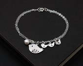 Mama Bird and Babies Bracelet - up to 3 initials, Sterling Silver Bracelet, Ideal Birthday, Mom's Gift