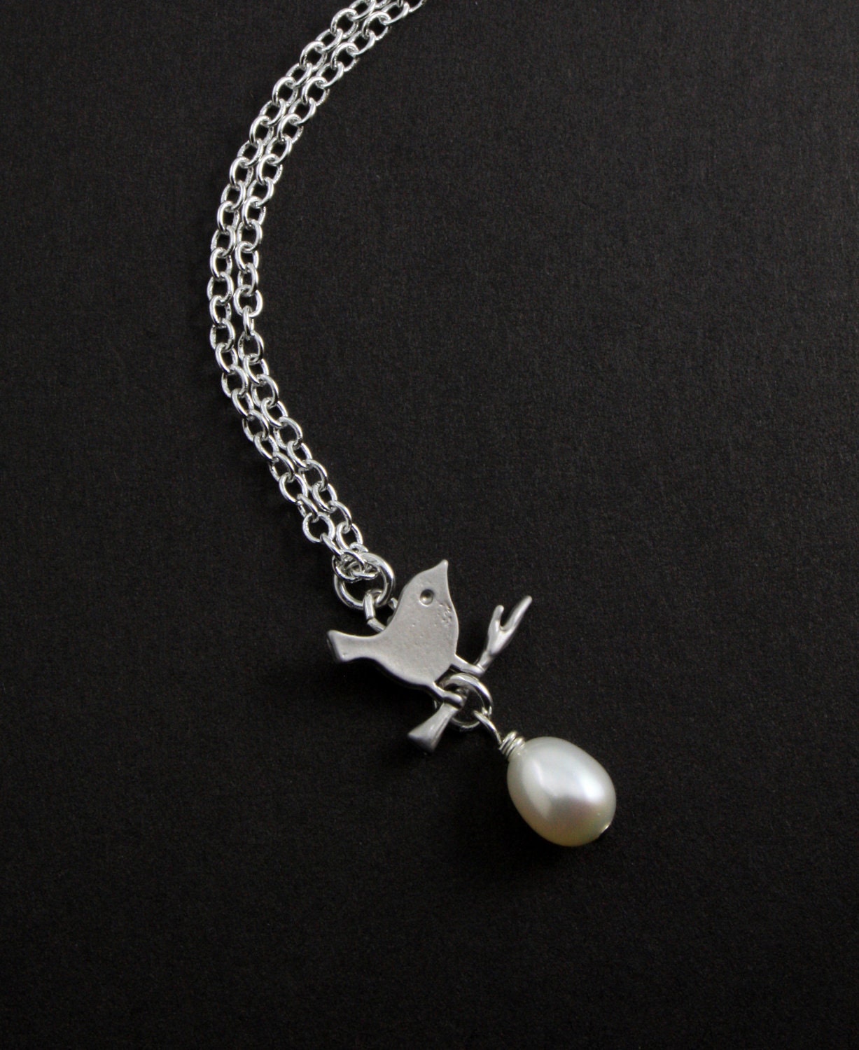 My Baby Bird Necklace. Silver Bird and branch Necklace with Freshwater Pearl. Simple Jewelry. Day to Day Necklace