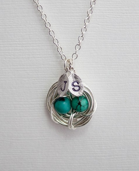 Personalized Jewelry Turquoise Nest Silver Necklace, 2 Initials and Two Eggs, Perfect Gift for Mom
