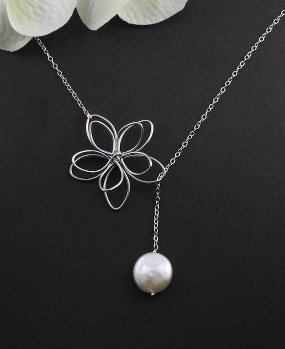 Sterling Silver Jewelry - "Garden Moon" Flower & Coin Pearl Necklace - bridal jewelry, birthday, anniversary, mother, best friend gift