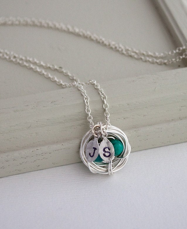 Personalized Jewelry Turquoise Nest Silver Necklace, 2 Initials and Two Eggs, Perfect Gift for Mom