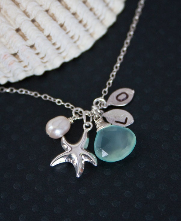 Personalized Jewelry, Custom Gemstone Sterling Silver Necklace "Ocean Memories" - 1 custom Stone, 2 initials, white pearl