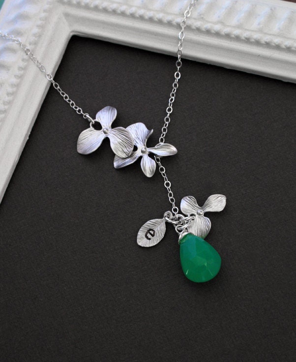 Personalized Silver Jewelry , Orchid Flower Lariat , Birthstone Initial Silver Necklace., Anniversary, Sister, Friend