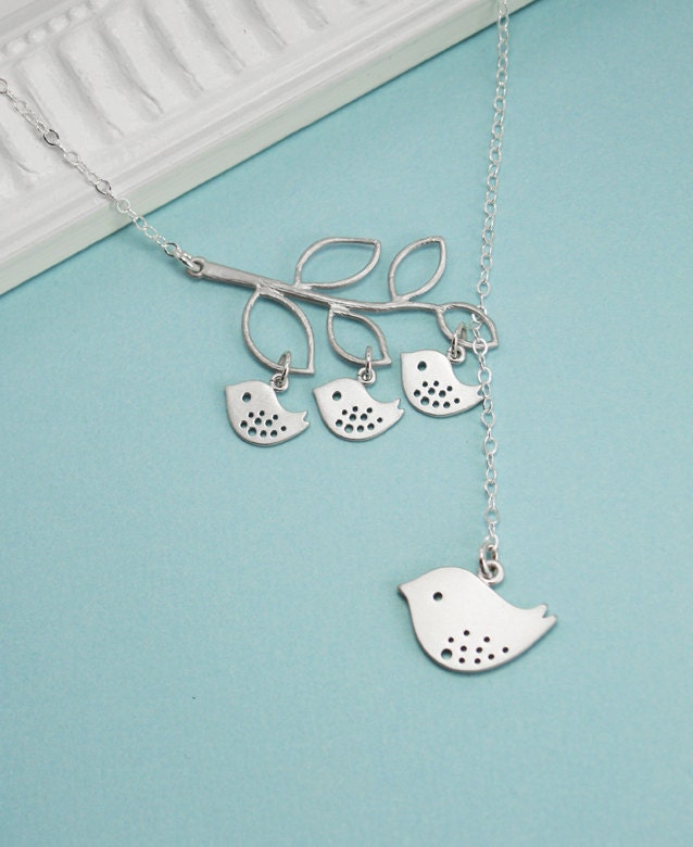 Silver Bird Jewelry, Mama Bird and Babies Necklace, Silver Branch, Baby Birds, Sterling Silver necklace, Mother,Family jewelry