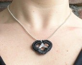 pop tab heart necklace - black, crochet, 18 inch
