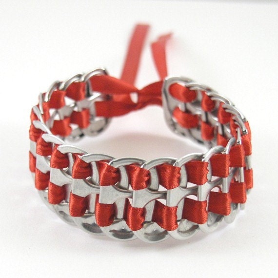 pop tab bracelet - red, stacked weave,  7  inch