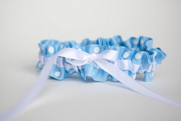 Wedding Garter - Something Blue and White Polka Dot Bridal Garter - Style 250