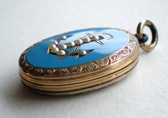 Antique Victorian Mourning Locket Seed Pearl Blue Enamel Anchor