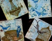 Shabby Chic Paris  - Handmade Decoupage Glass Beveled Coaster Set - Birds of a Feather French Blue No. 2