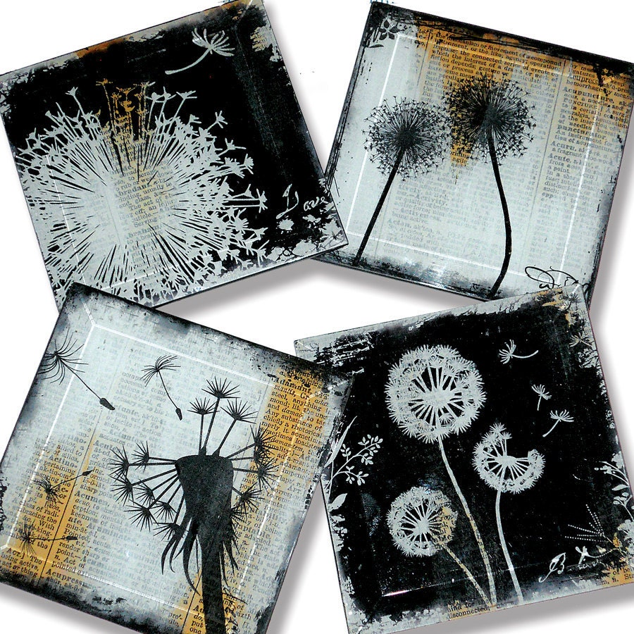 Dandelion Handmade Glass Coaster Set from Upcycled Dictionary page book art - WilD WorDz - Wishing Wordz