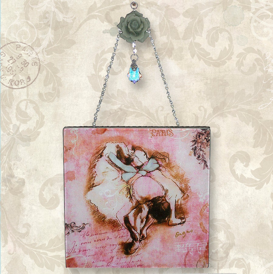 Parisian Pink Ballerina Wall Hanging - Vintage Paris Fashion Glass Wall Pendant - Pink Degas Ballerina