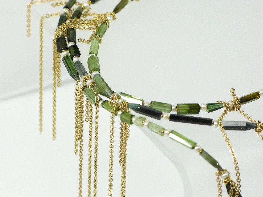 Green Tourmaline, Gold Chain and Seed Pearl Detailed, Fringe Necklace, AC0563 by Ashley Childs