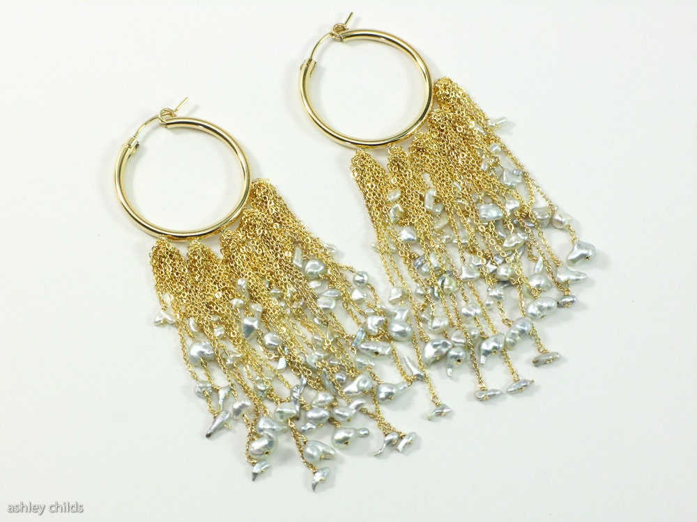 Deluxe Akoya Keshi Pearl & 14ktgf Layered Chain Fringe Hoop Earrings, AC0255