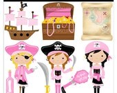 cute girls pirate clip art digital clipart - Pretty n Pink Pirates - Girls Pink Black - Digital Clip Art - Personal Commercial Use