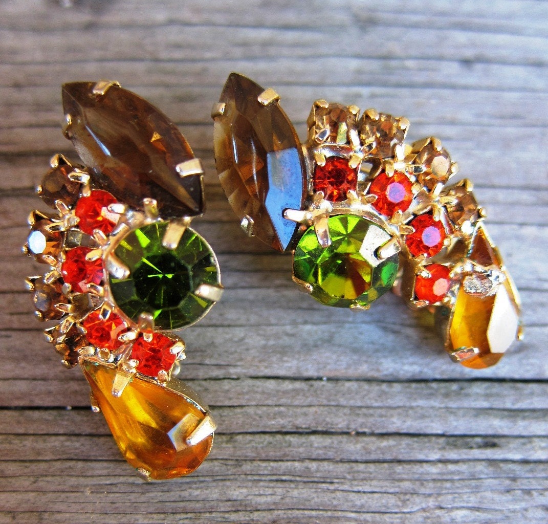 Vintage 1960s Jewel Tone Clip-On Earrings in Citrine, Topaz, & Olivine Rhinestones