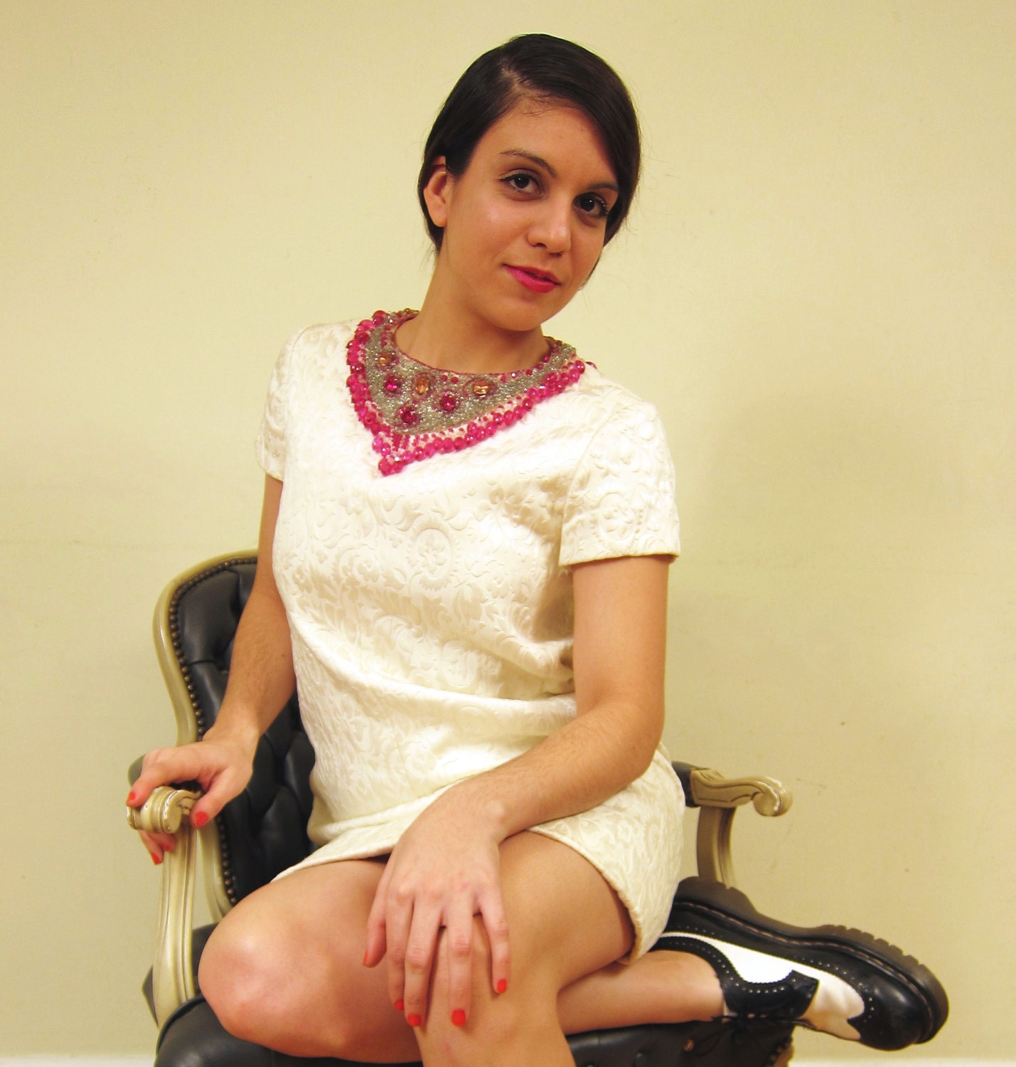 RESERVED FOR NATALEALYNCH Vintage 1960s Ivory Brocade Short Evening Dress