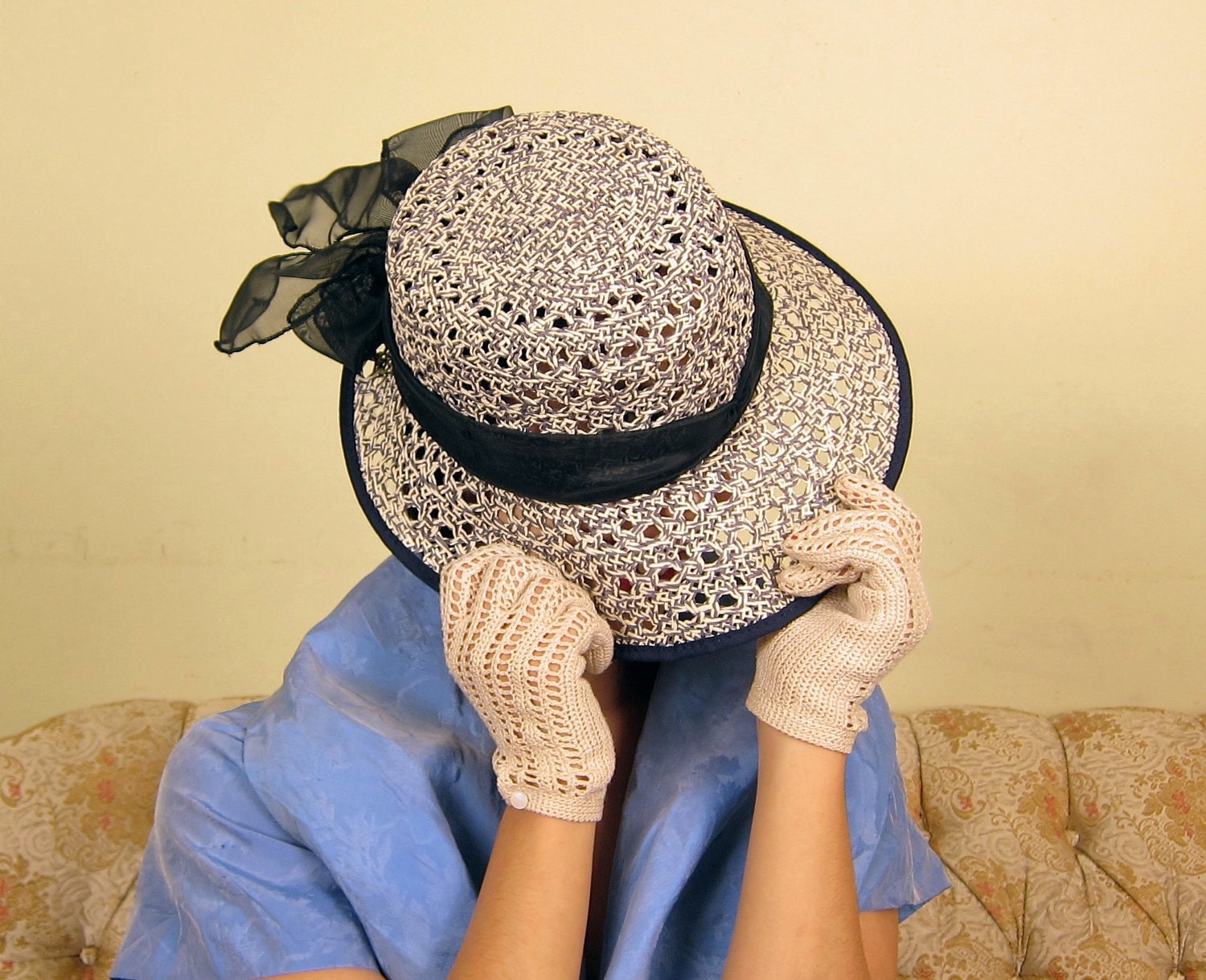 Vintage 1960s Navy Blue and White Sun Hat, Italian with Large Bow Sash