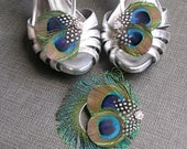 THE SABRINA SET -- Peacock Feather, Guinea & Rhinestone Wedding Fascinator Bridal Hair Clip Headpiece with Coordinating Shoe Clips