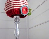 Knit baby girl hat, photo prop, Red and Cream Stripes with Flower, by sweet baby dolly on Etsy