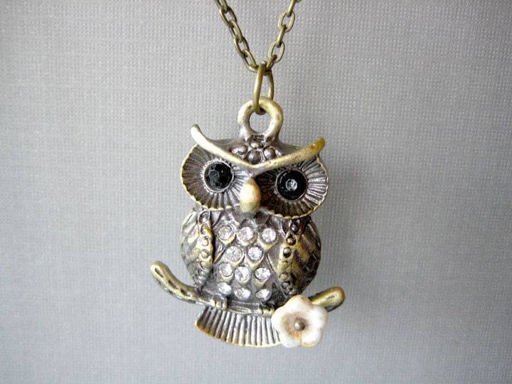 Owl Necklace -Owl with Flower