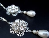Bridal Pearl Earrings, White Swarovski Pearls,Pearl Rhinestone Earrings,Bridal Rhinestone Earrings,Statement Bridal Earrings,Pear Shape,LUCY