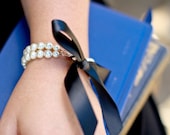 Bridal Pearl Bracelet, Ivory Swarovski Pearls, Black Satin Ribbon Bow, Ribbon Bracelet, Wedding Pearl Bracelet, Bridal Cuff, ZOEY