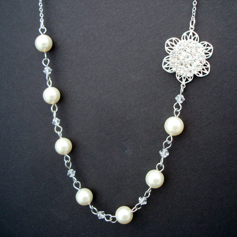 Pearl Necklace, Bridal Necklace, Bridal Rhinestone Necklace, Ivory Swarovski Pearls,Pearl Bridal Necklace, Pearl Rhinestone Necklace, CLARA
