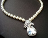 Pearl Necklace, Ivory Swarovski Pearls, Teardrop Rhinestone, Bridal Statement Necklace, Bridal Pearl Necklace, Pearl, Rhinestone, MILLA