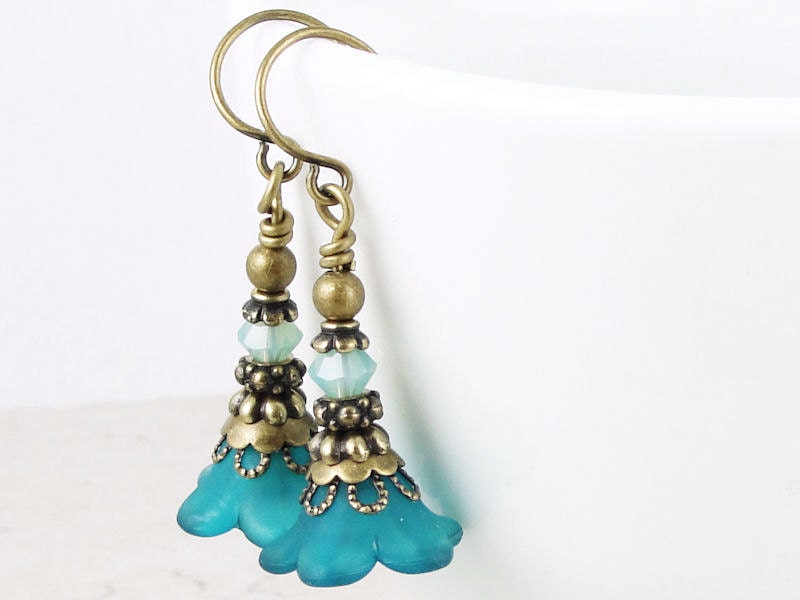 Beaded Earrings Lucite Flower Bead Earrings Teal Jewelry Dark Aqua Antique Brass Vintage Style Flower Jewelry