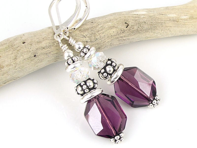 Sterling Amethyst Purple Earrings Swarovski Crystal Jewelry Silver Leverback Lever Back Dangle Beaded Earrings
