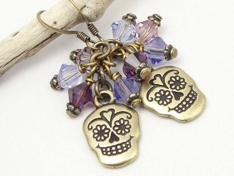Day of the Dead Earrings Dia de los Muertos Sugar Skull Earrings Beaded Jewelry Antique Brass Earrings Purple Earrings